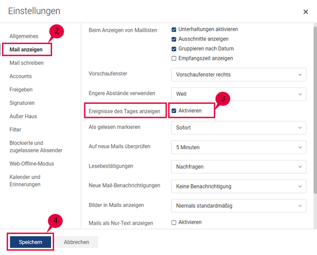 Anleitung zum Aktivieren der Ereignisse des Tages