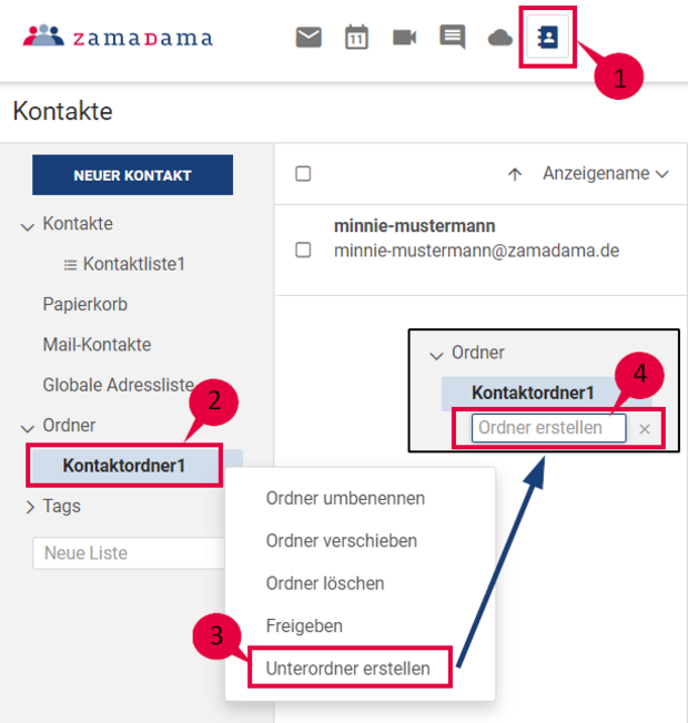 Anleitung zum Erstellen von Kontaktunterordnern